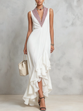 Striped Collar V-Neck Ruffled Asymmetrical Maxi Dress