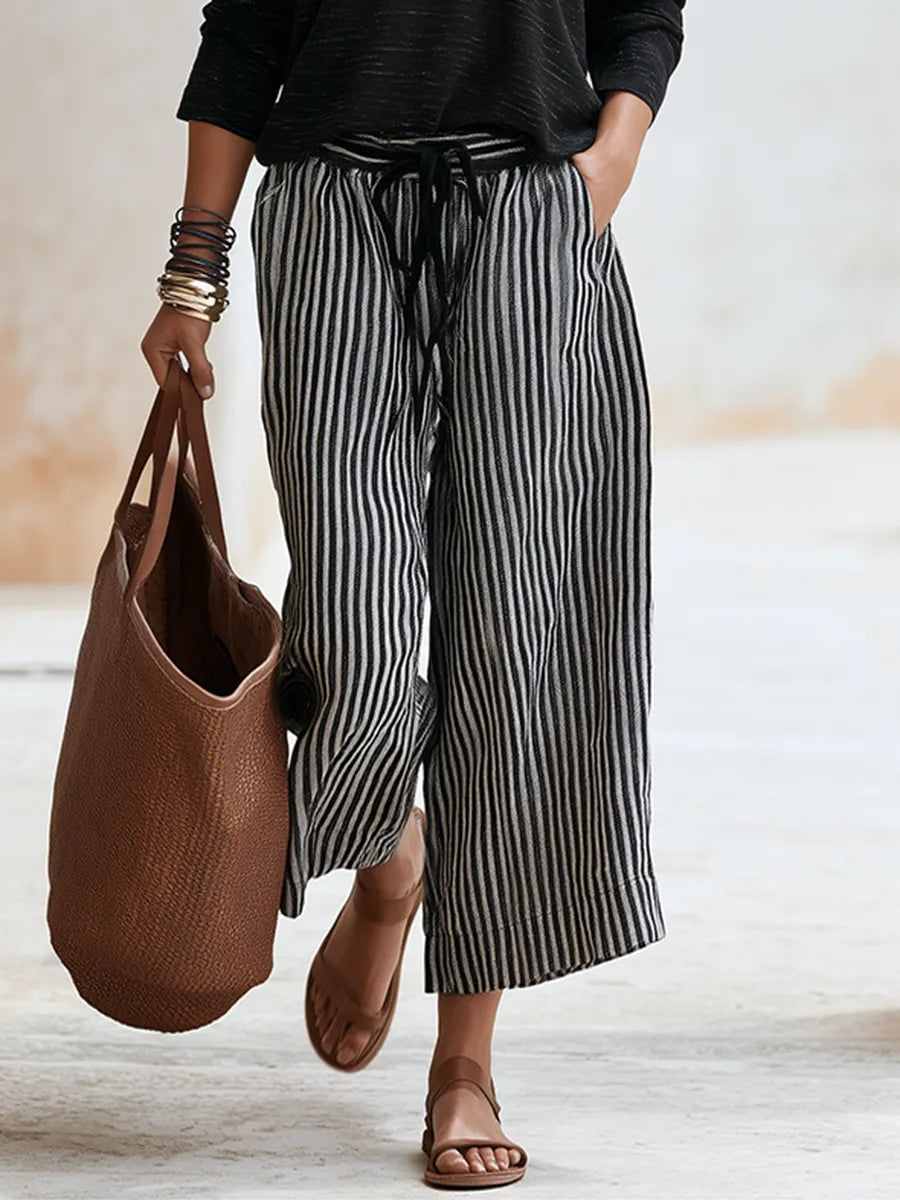Casual Vacation Black Cotton Long Sleeve Tops And Black And White Vertical Striped Wide-Leg Pants Set