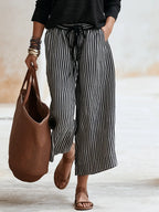 Casual Vacation Black Cotton Long Sleeve Tops And Black And White Vertical Striped Wide-Leg Pants Set