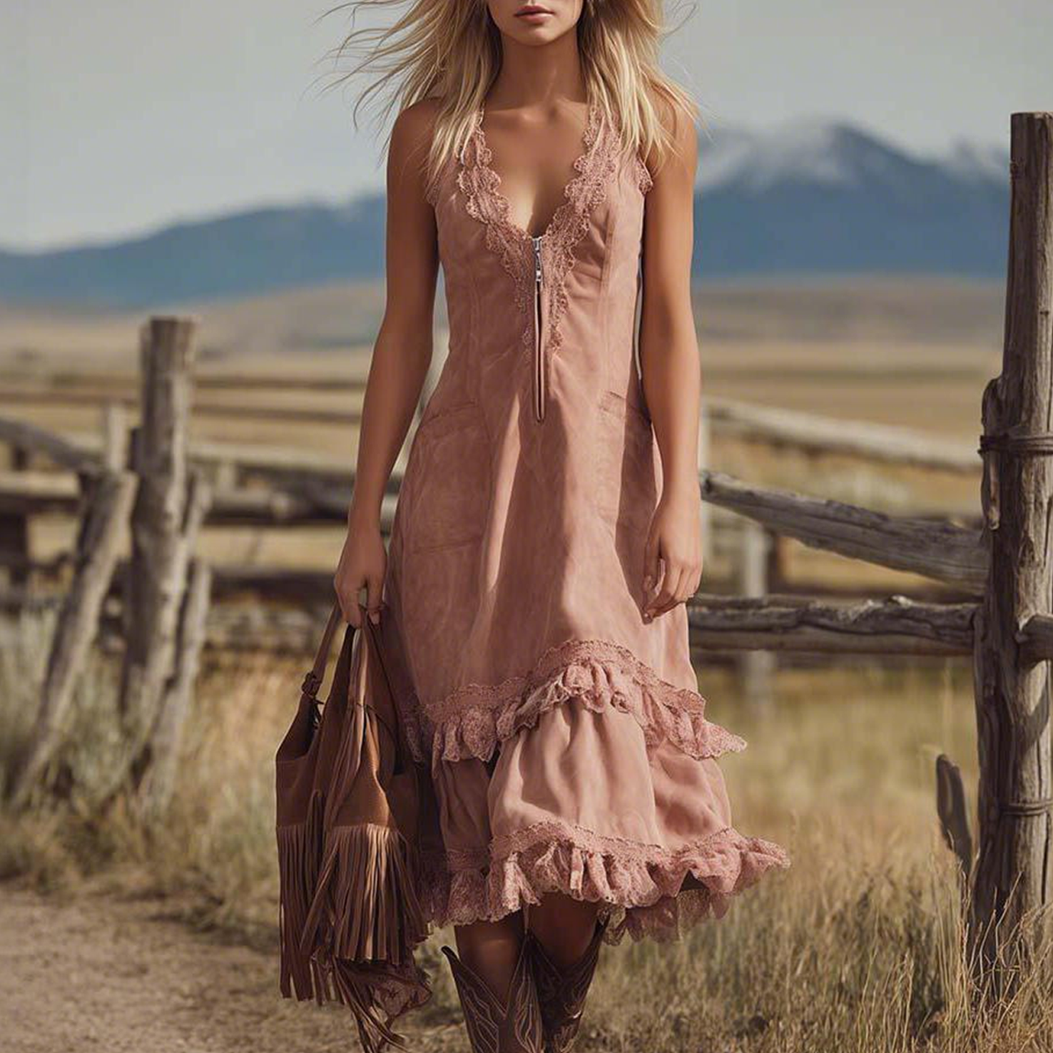 Silk Satin Lace Trim Sleeveless Midi Dress With Zipper Front And Ruffled Hem