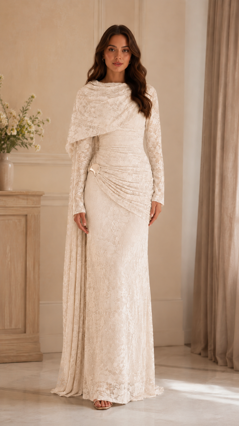 Lace Draped Cape Sleeve Maxi Evening Dress