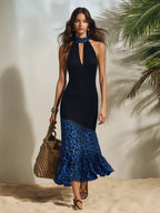 Resort-style V-neck Halter Neck Patchwork Leopard Print Midi Dress