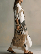 Boho Abstract Print Button-Front Relaxed Fit Maxi Dress