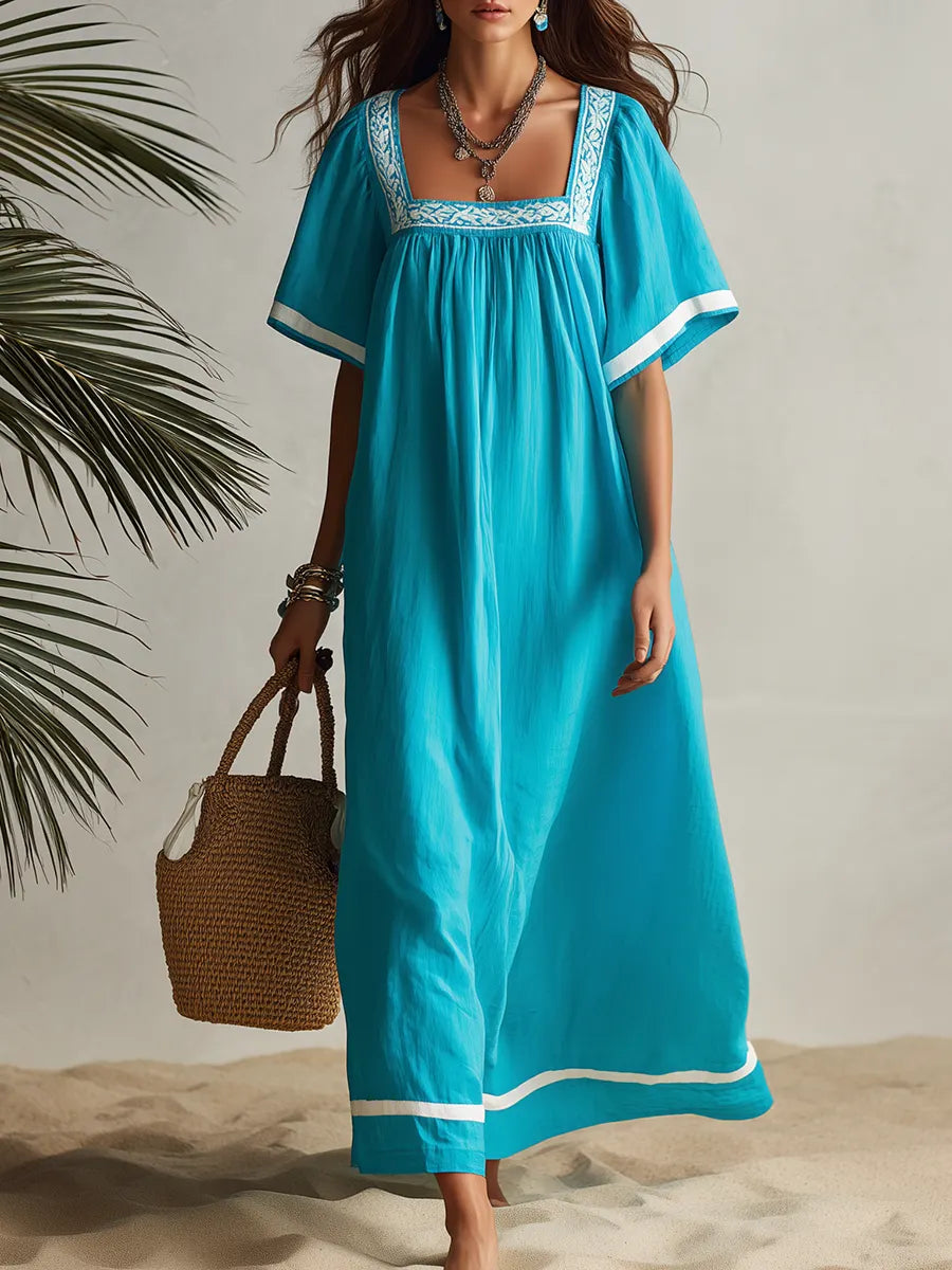 Vacation-style Square-neck Loose Short-sleeve A-line Maxi Dress