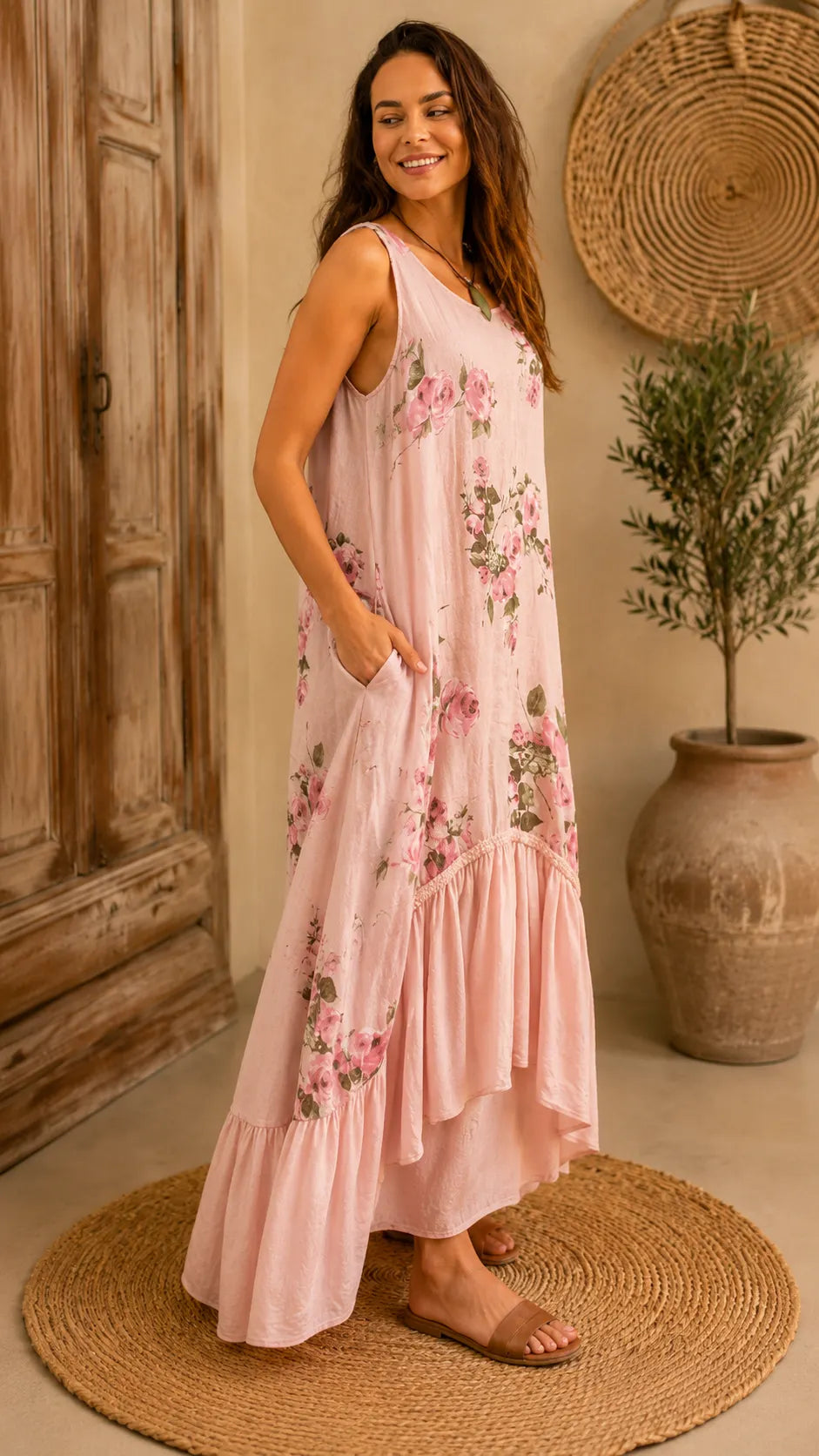 Boho Floral Print Sleeveless Maxi Dress - V-Neck High-Low Ruffle Hem Summer Dress