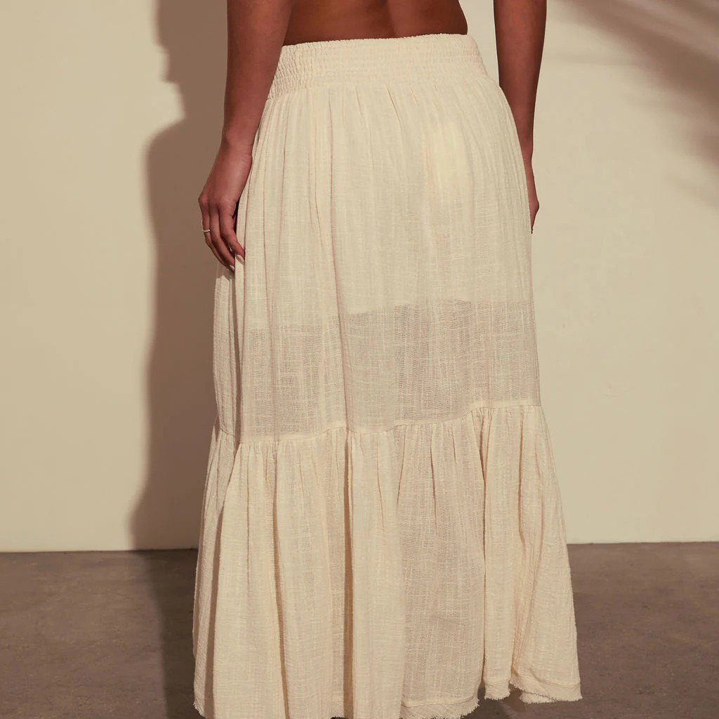 Western Spring Outfits Cotton Linen Blend High Low Tiered Maxi Skirt With Drawstring Waist And Tassel Detail