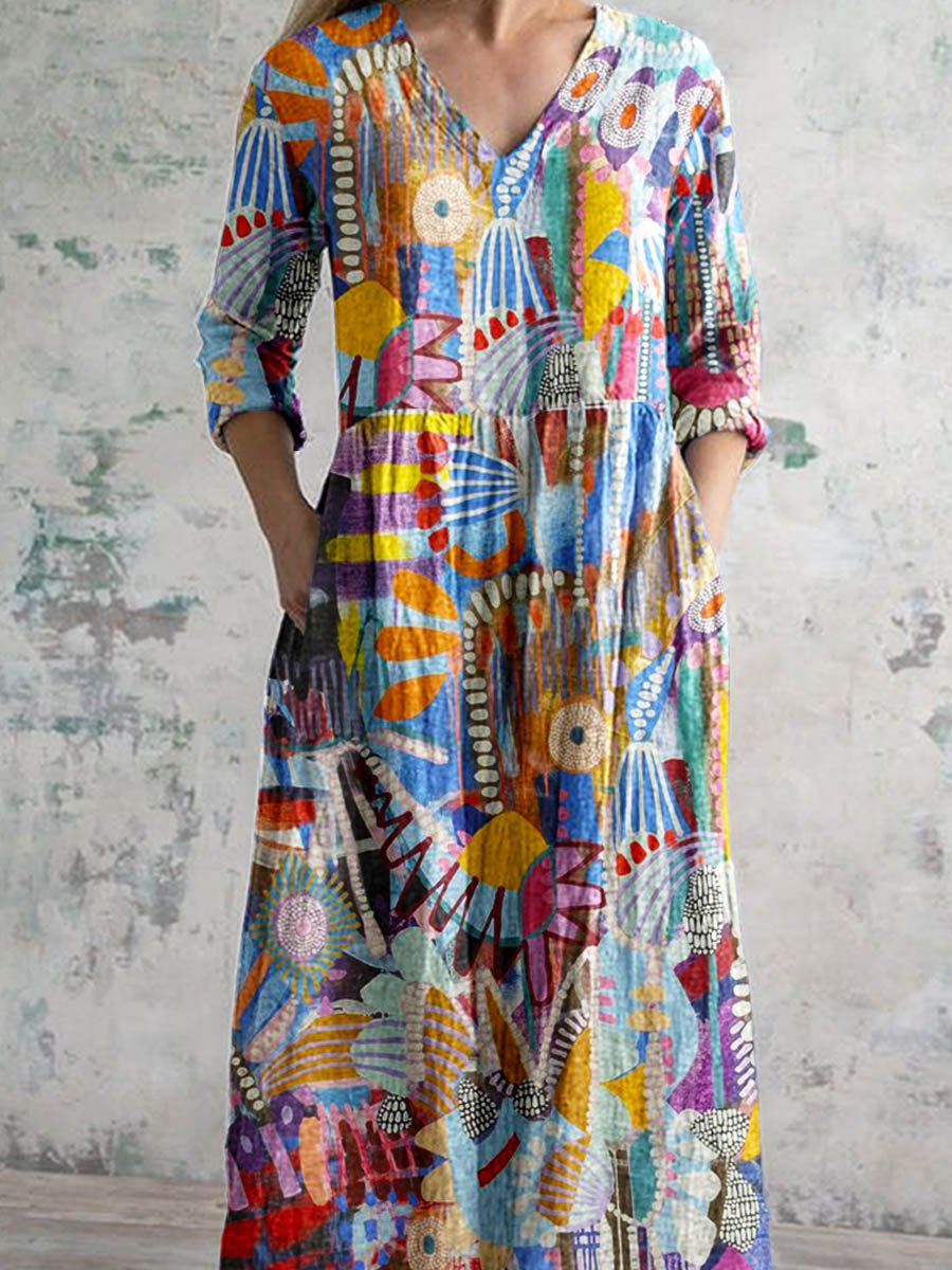Elegantes Damen-Baumwollkleid mit geometrischem Blumenmuster