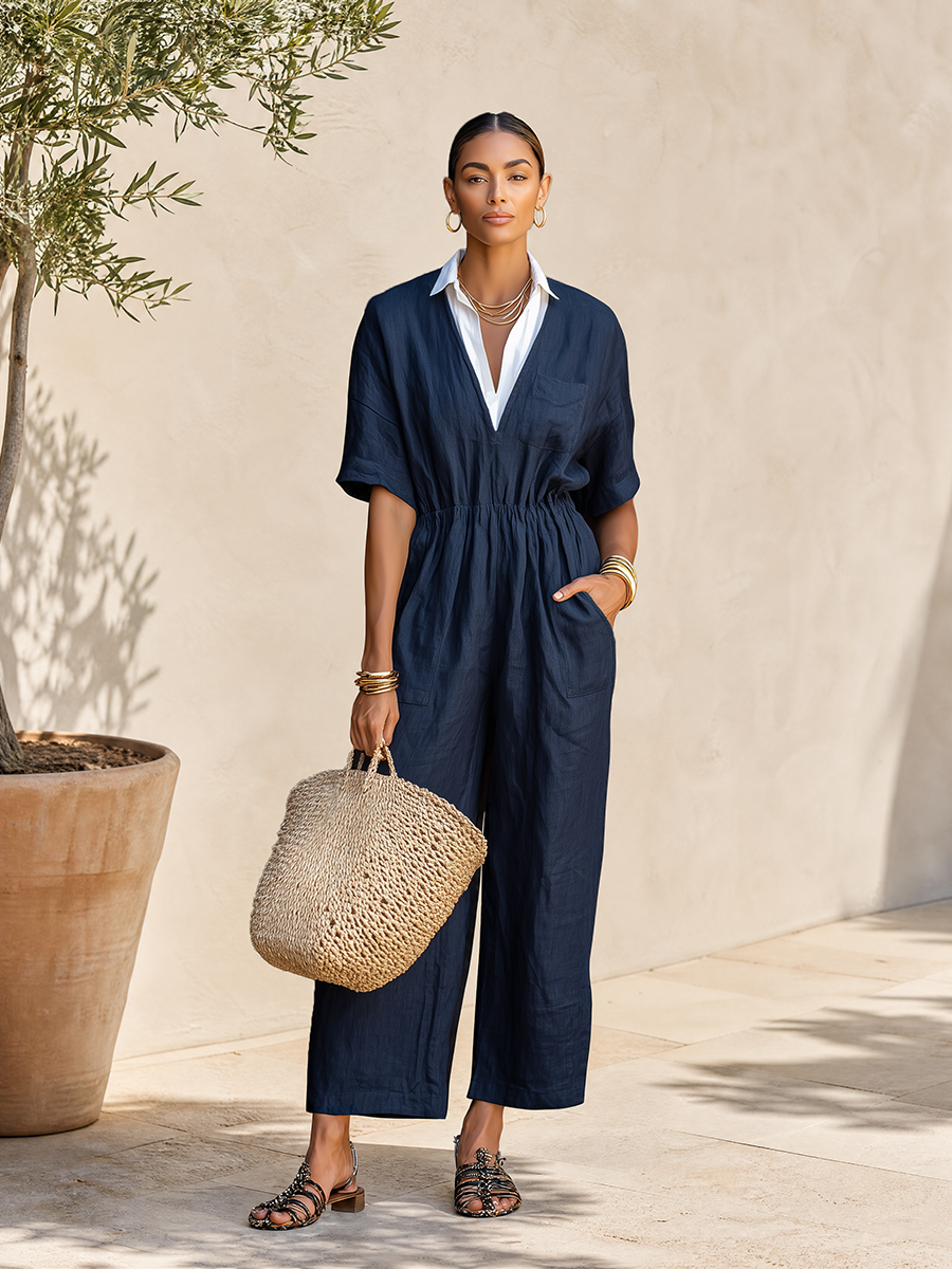 Old Money Faux-Layered Collar And Short Sleeves Navy Wide-Leg Jumpsuit