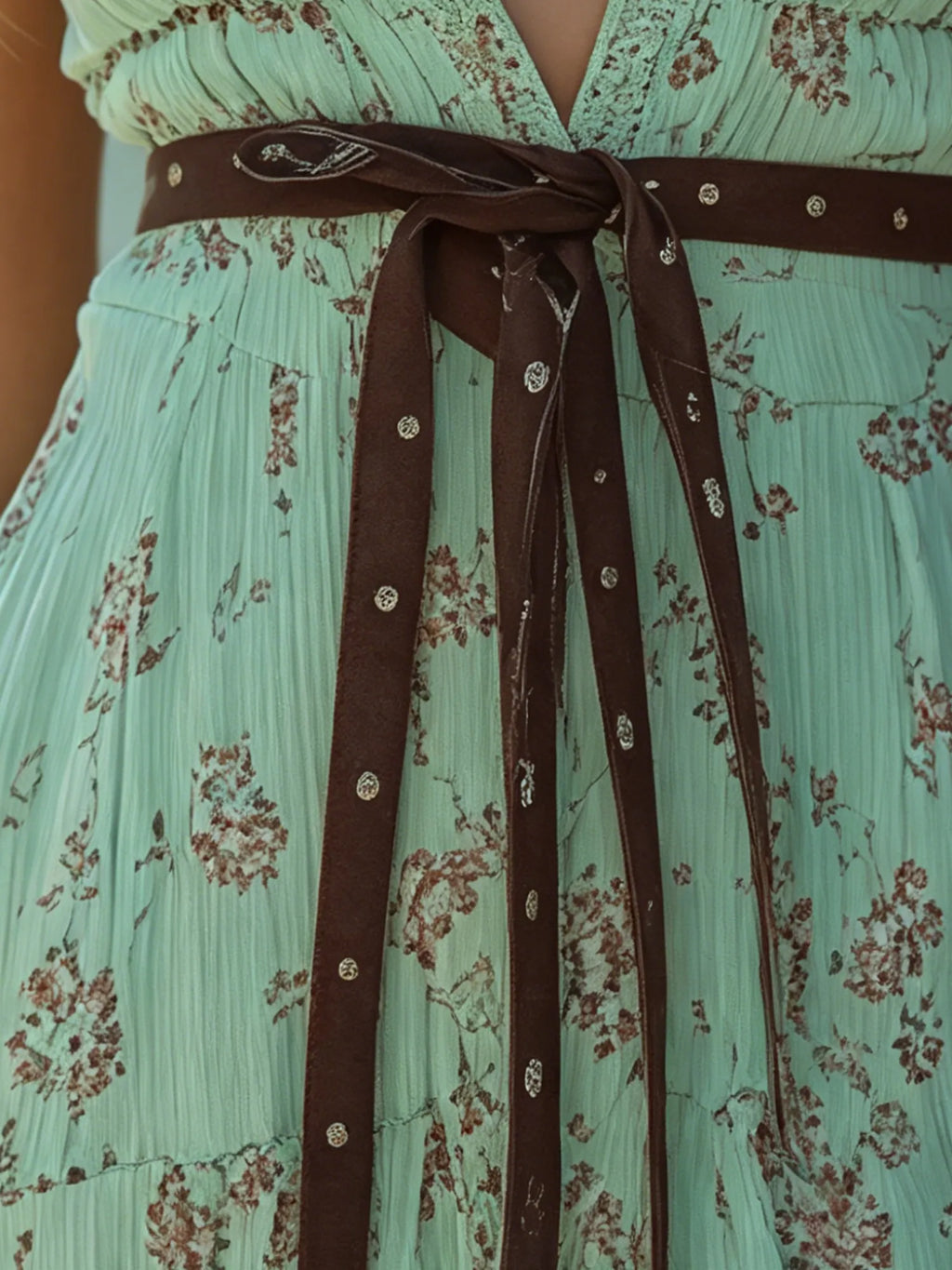 Western-Style Mini Dress — Mint Light Green Heavily Pleated Chiffon Deep V-Neck Floral Print Mini Dress With Belt, Shorter In The Front And Longer In The Back.