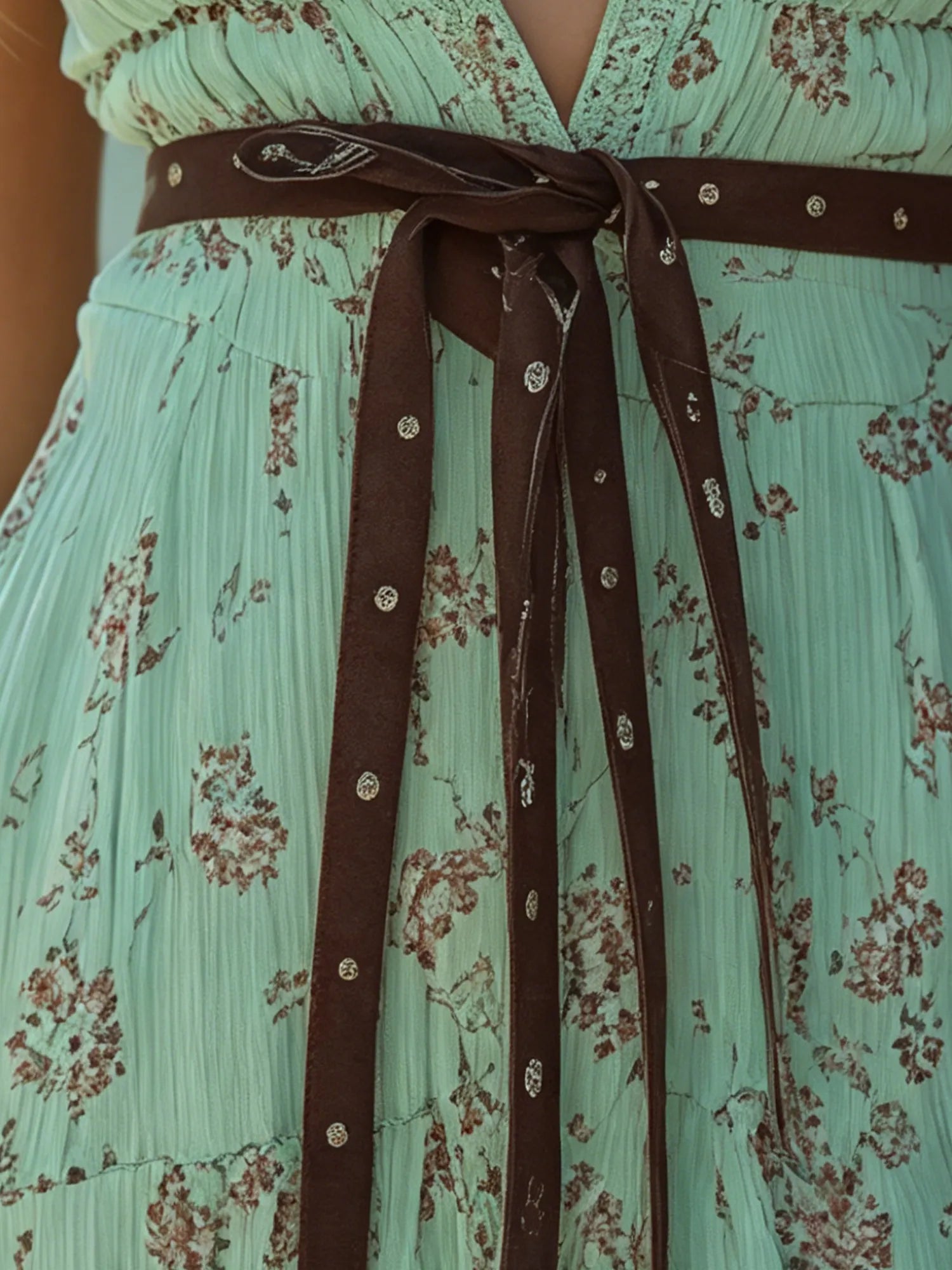 Western-Style Mini Dress — Mint Light Green Heavily Pleated Chiffon Deep V-Neck Floral Print Mini Dress With Belt, Shorter In The Front And Longer In The Back.