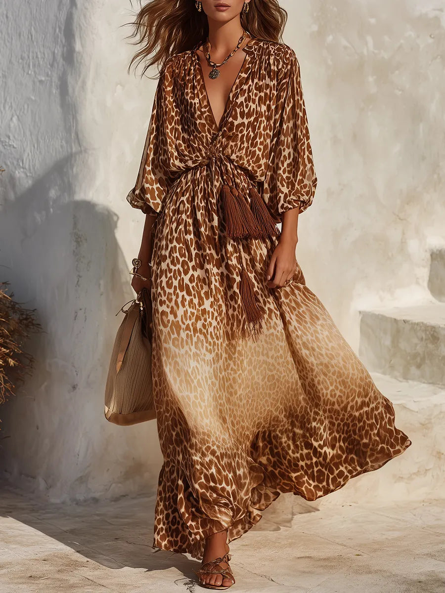 Retro V-neck Leopard Print Maxi Dress