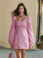 Vacation-style Square-neck Long-sleeve Polka-dot Mini Dress