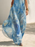 Bohemian Resort Blue Abstract Chiffon Print High-Neck Button Sleeveless Maxi Dress