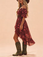 Western-Style Mini Dress — Crimson Agate Heavy-Duty Chiffon Off-The-Shoulder Deep V-Neck Floral Print Mini Dress, Shorter In The Front And Longer In The Back.