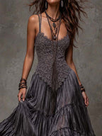 Dark Gray Lace Bodice Tiered Crinkle Maxi Dress