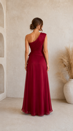 One-Shoulder Ruffle Waist Maxi Evening Dress