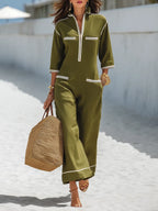 Old Money Contrast Trim Green Collared Jumpsuit