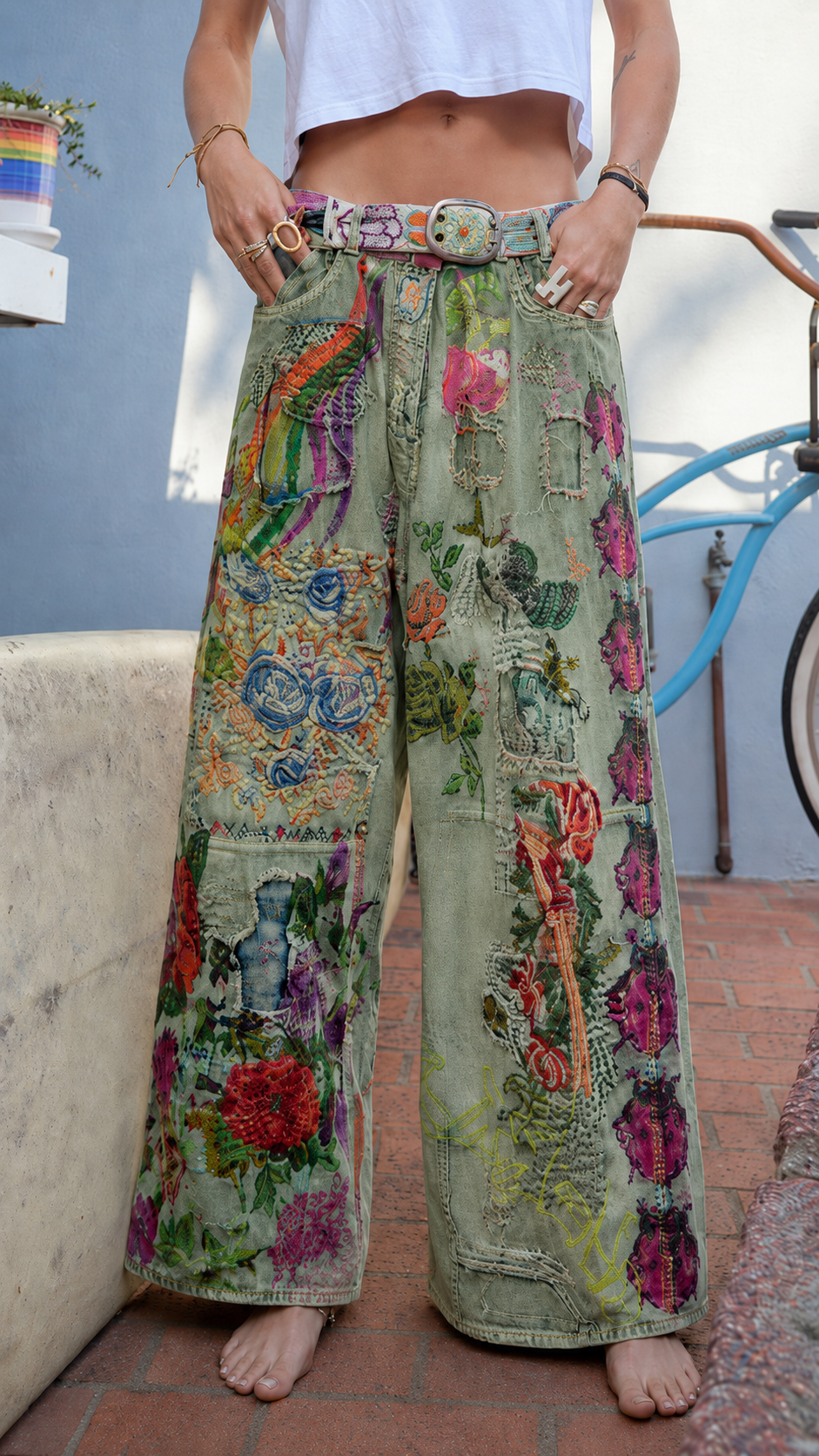 Bohemian Patchwork Floral Embroidered Wide Leg Jeans - Vintage Baggy Denim Pants
