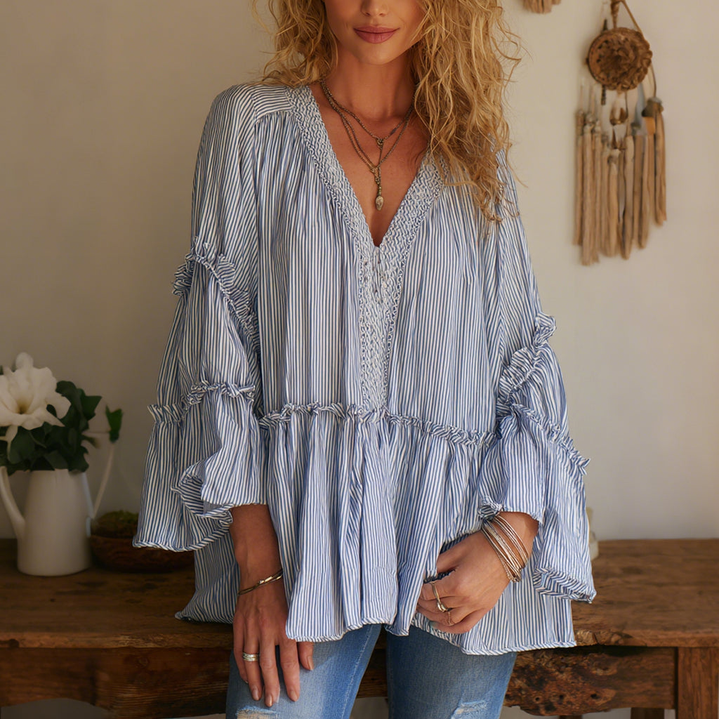 Women's Elegant, Oversized, Comfortable Striped V-neck Long-sleeved T-shirt