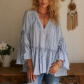 Women's Elegant, Oversized, Comfortable Striped V-neck Long-sleeved T-shirt