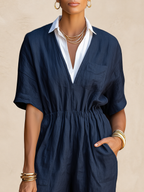 Old Money Faux-Layered Collar And Short Sleeves Navy Wide-Leg Jumpsuit