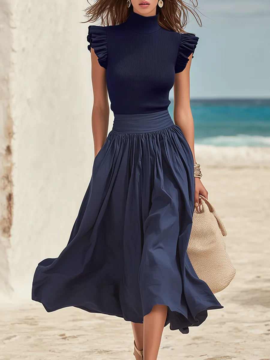 Coastal Chic Mock-Neck Cap-Sleeve Knit Top And Cotton Skirt Deep Sea Blue Set
