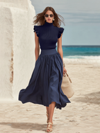 Coastal Chic Mock-Neck Cap-Sleeve Knit Top And Cotton Skirt Deep Sea Blue Set