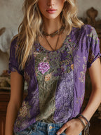 Vintage Purple Floral Embroidered Crew Neck Casual Washed Cotton Linen Top