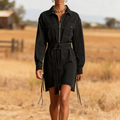 Women's Denim Western Retro Half-zip Belted Loose Denim Dress