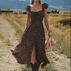 Country Concert Outfits Floral Print Chiffon Midi Dress With Ruffle Sleeve And Square Neckline