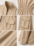 Beige Cotton Twill Sleeveless Utility Cargo Jumpsuit