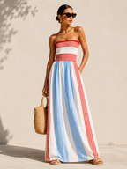 Red & Blue Striped Smocked Strapless Maxi Dress
