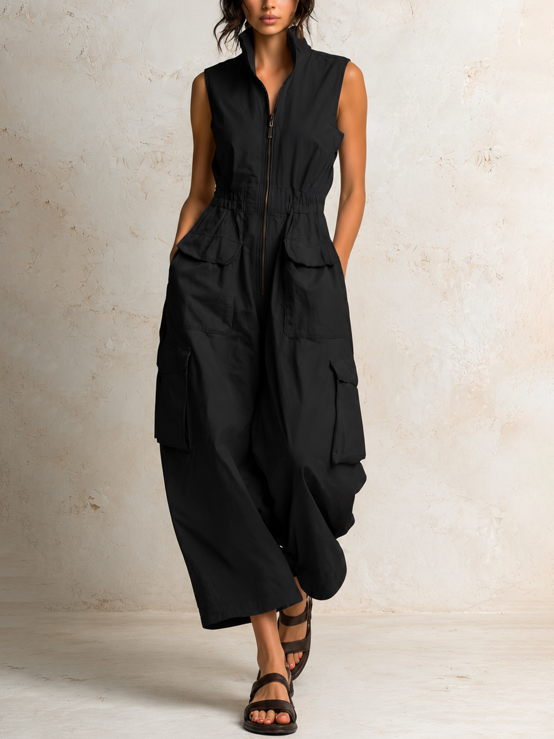 Beige Cotton Twill Sleeveless Utility Cargo Jumpsuit