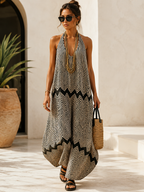 Black & Beige Chevron Print Halter Neck Maxi Dress