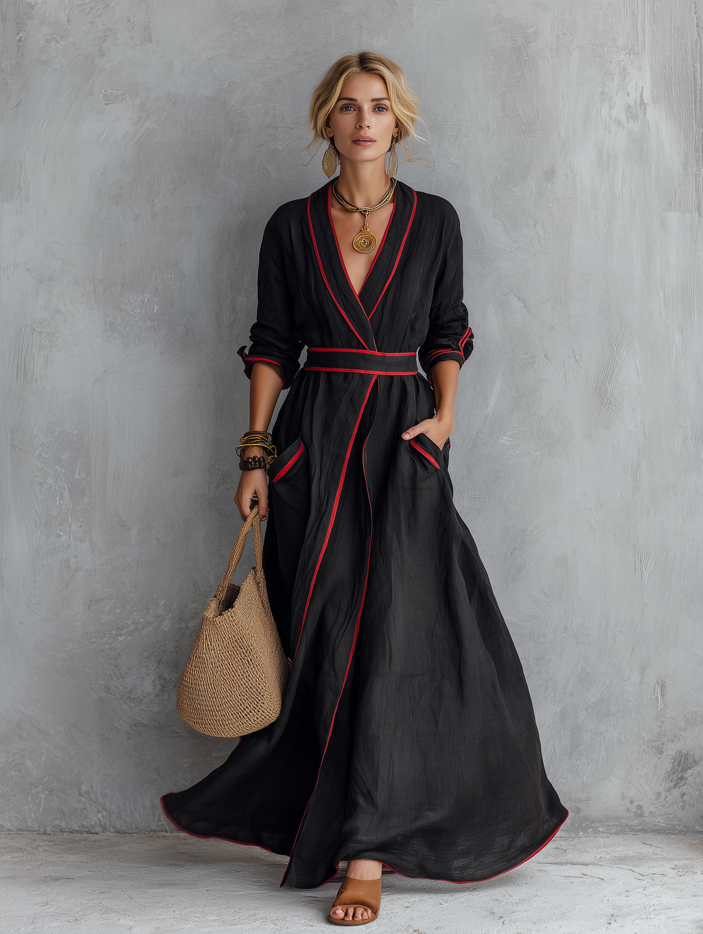 Boho Luxe Contrast Trim Wrap Maxi Dress