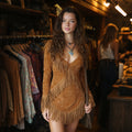 Women's Western Retro Suede V-neck Tassel Short Dress
