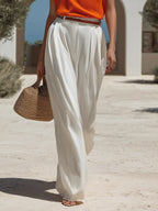 Tropical Beach Bright Orange Cap Sleeve Knit Top & White Satin Pleated Wide Leg Two-piece Set
