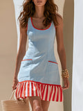 Vacation Red And White Striped Ruffles Sleeveless Blue Cotton-linen Mini Dress