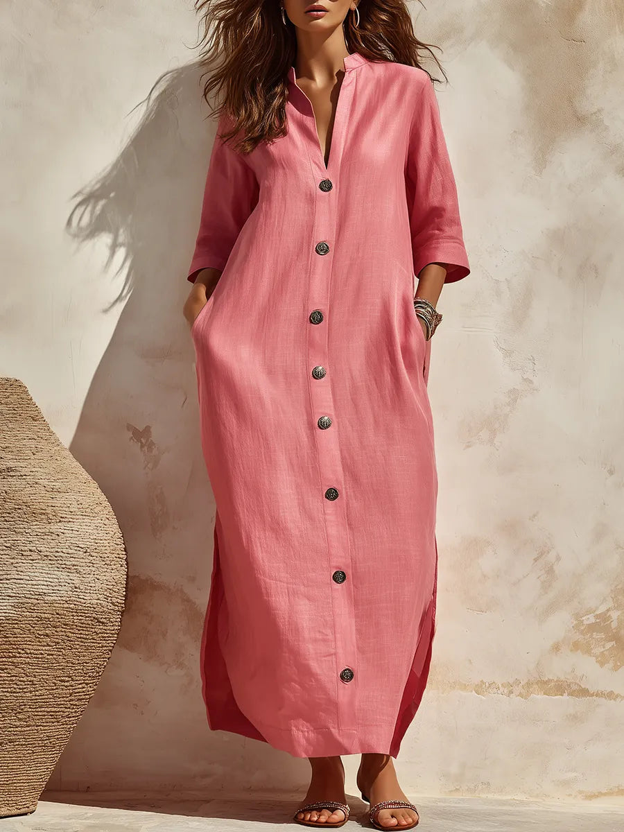 High-end Elegant Stand-up Collar Solid Color Three-quarter Sleeves Midi Shirt Dress
