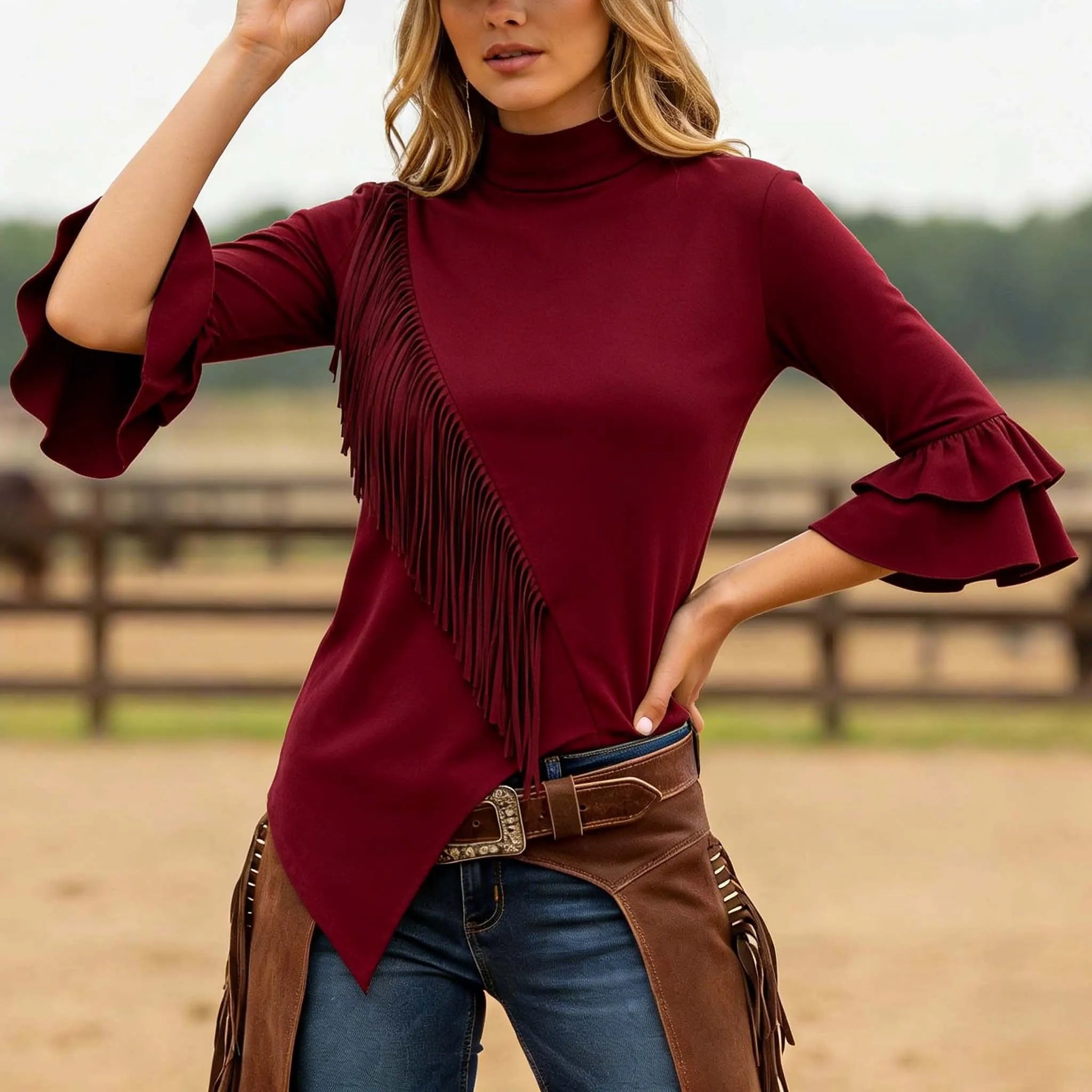 Women's Vintage Western Cowgirl Burgundy Tassel High-Neck Flared Sleeves T-shirt