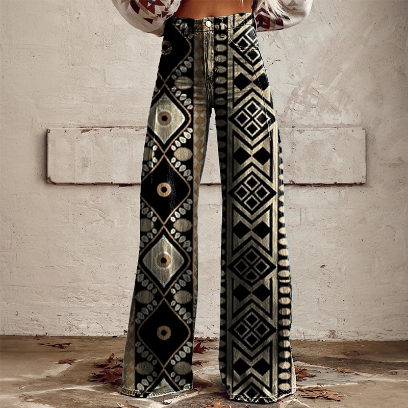 Women's Retro Western Country Ethnic Printed Faux Denim Wide Leg Pants