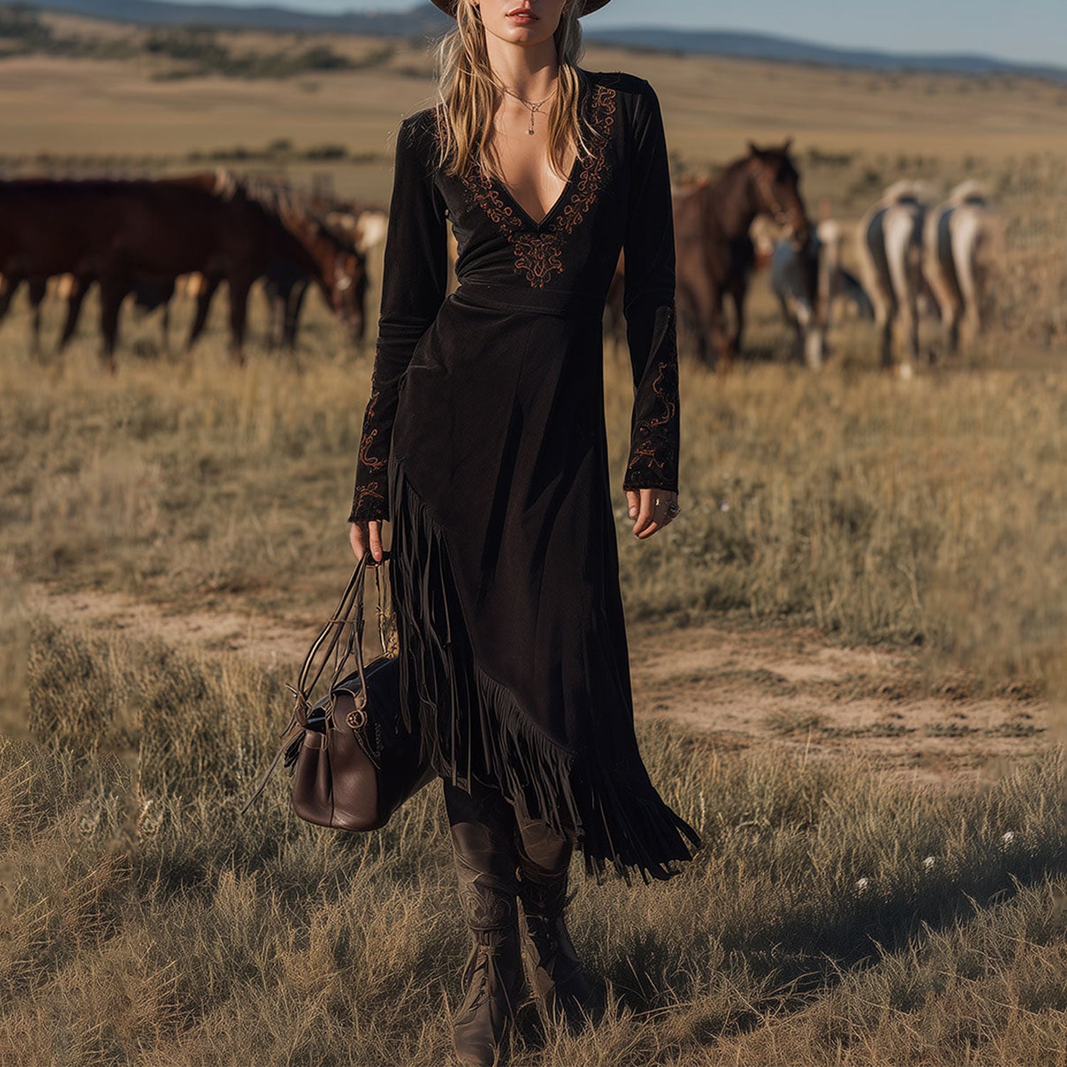 Women's Western Country Retro Velvet Ethnic Print Dress