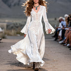 Women's Retro Lace V-Neck Lace-Up Trumpet Sleeve Long Dress