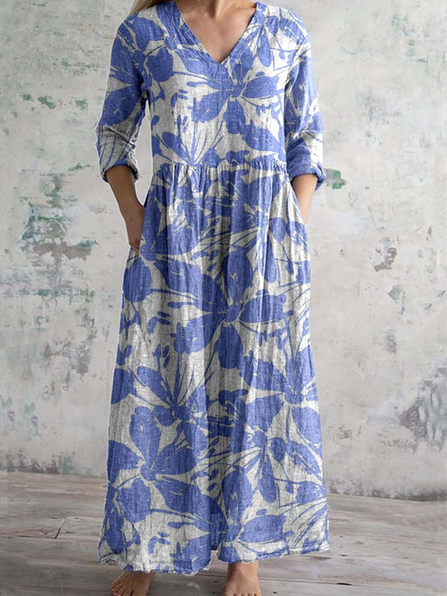 Damen Baumwollkleid mit V-Ausschnitt und Blumenmuster