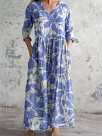 Damen Baumwollkleid mit V-Ausschnitt und Blumenmuster