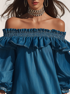 Resort-style off-the-shoulder ruffled three-quarter sleeve denim mini dress