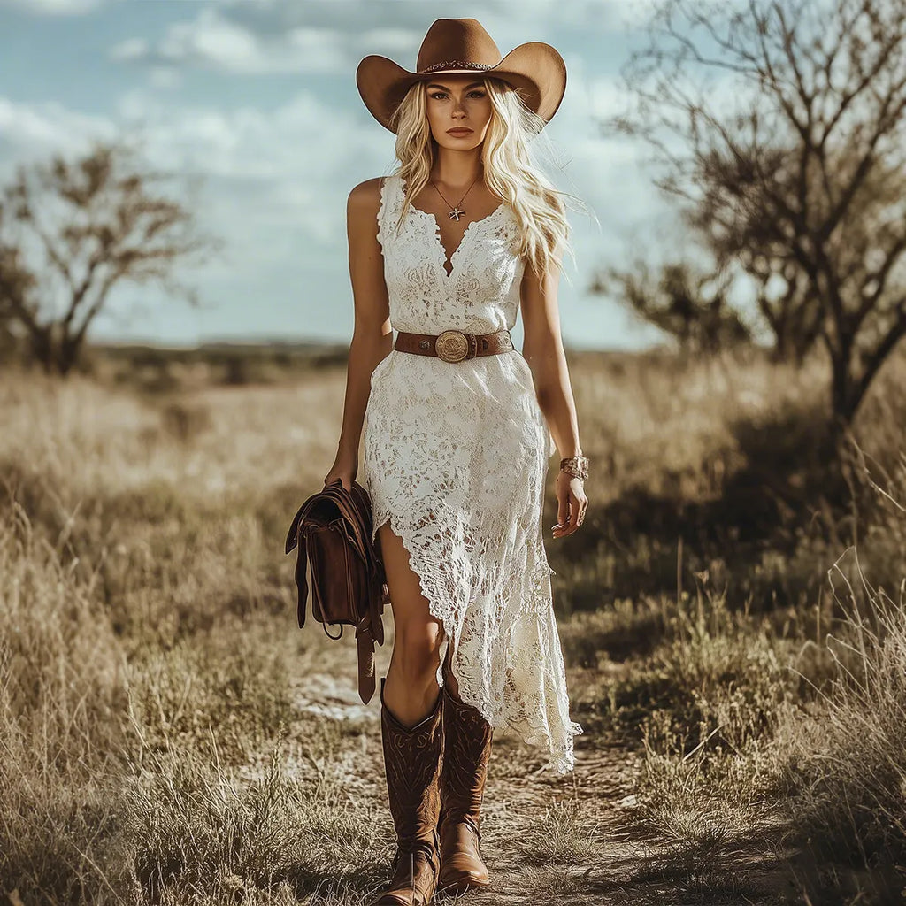 Women's Retro Bohemian White Country Lace Sleeveless Midi Dress