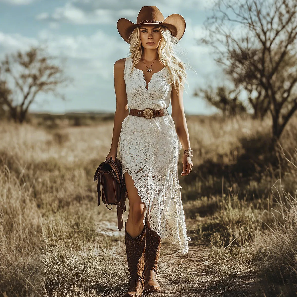 Women's Retro Bohemian White Country Lace Sleeveless Midi Dress