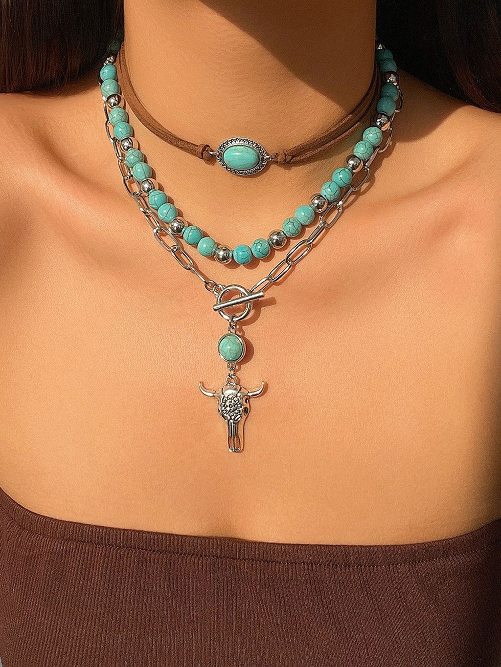 Vintage Western Layered Necklace, Women's Turquoise Bull Skull Pendant Set