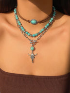 Vintage Western Layered Necklace, Women's Turquoise Bull Skull Pendant Set